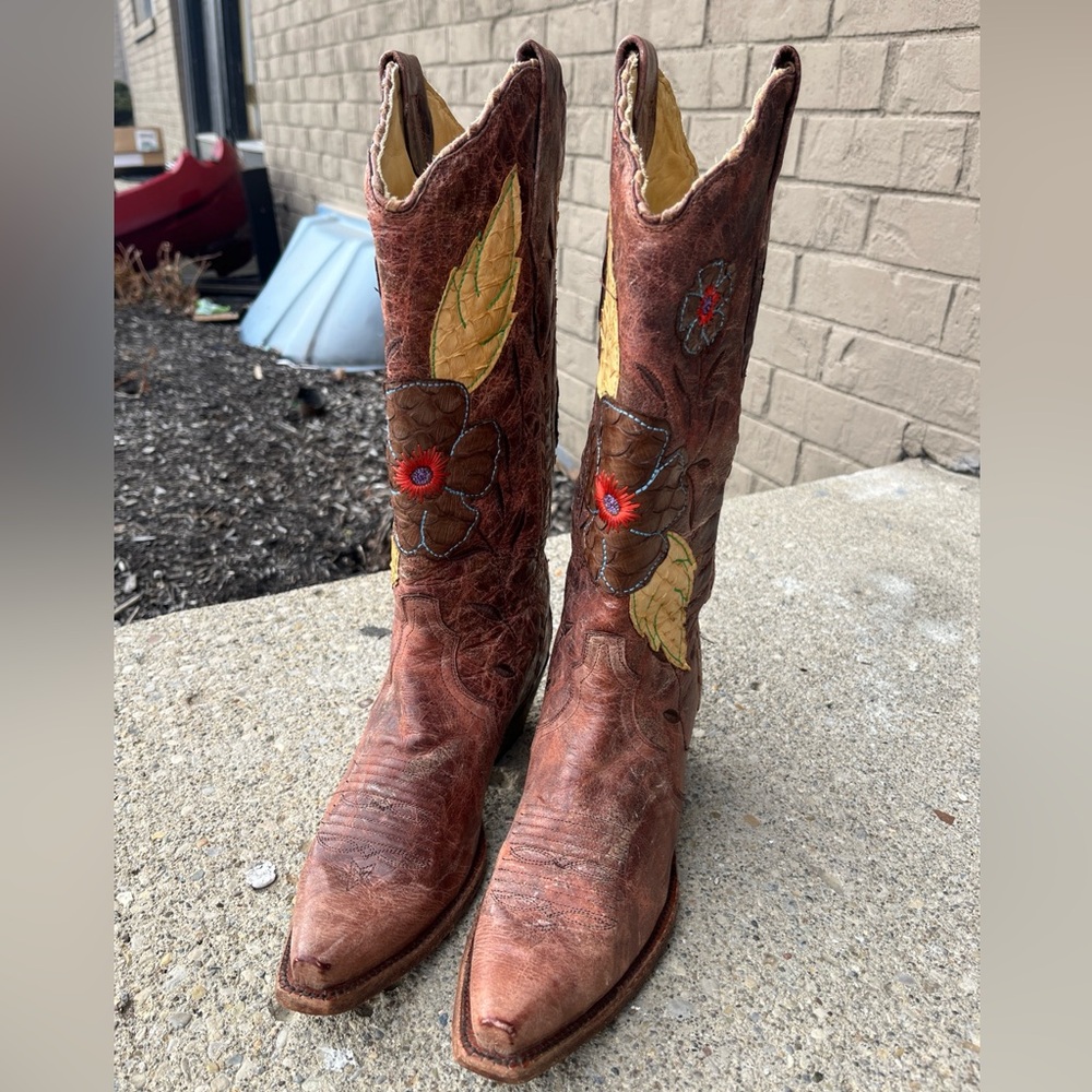 Corral Womens 8M Multicolored Cognac Ethnic Leather Cowboy Western Pull On Boots